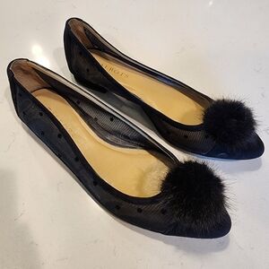Talbots Black Mesh Polka Dot Edison Pom Pom Ladies Flats Women's Size 8AA EUC